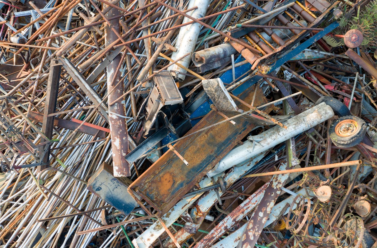 An intricate aerial shot of a metal scrap pile in Saint Charles, MN, USA.